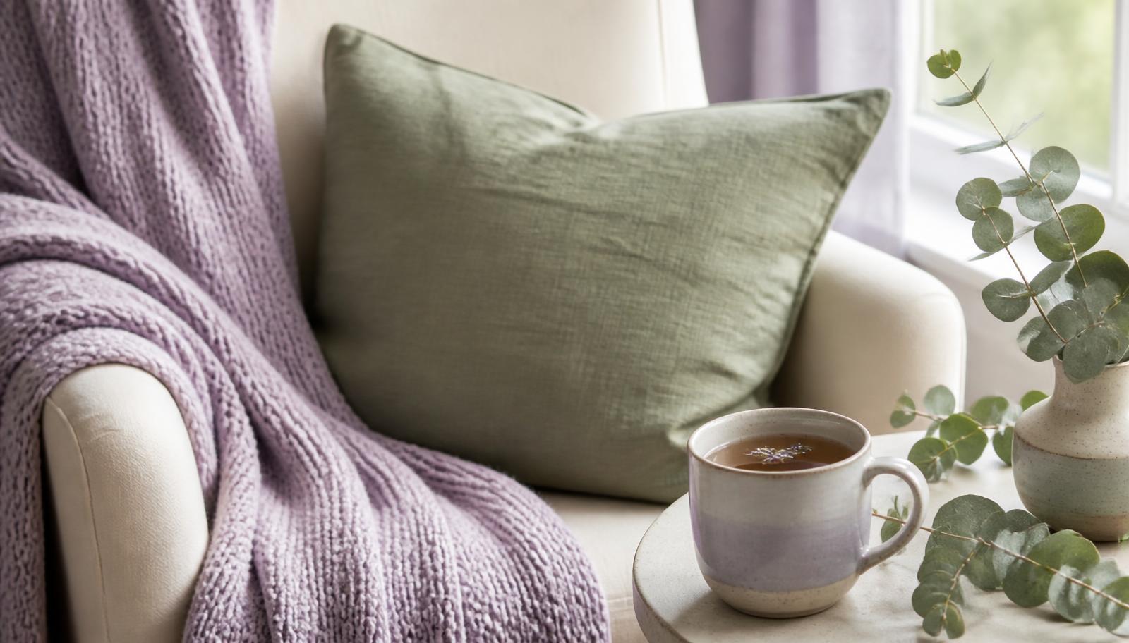 A calm armchair with a lavender throw, sage cushion and herbal tea, representing a restful space for reflection